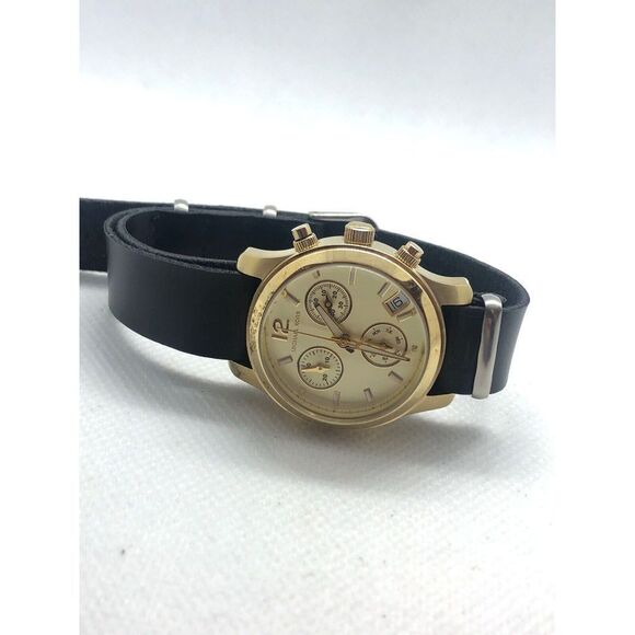 Michael Kors MK5384 Unisex Black Leather Analog Gold Dial Genuine Watch BP38 - Picture 6 of 8